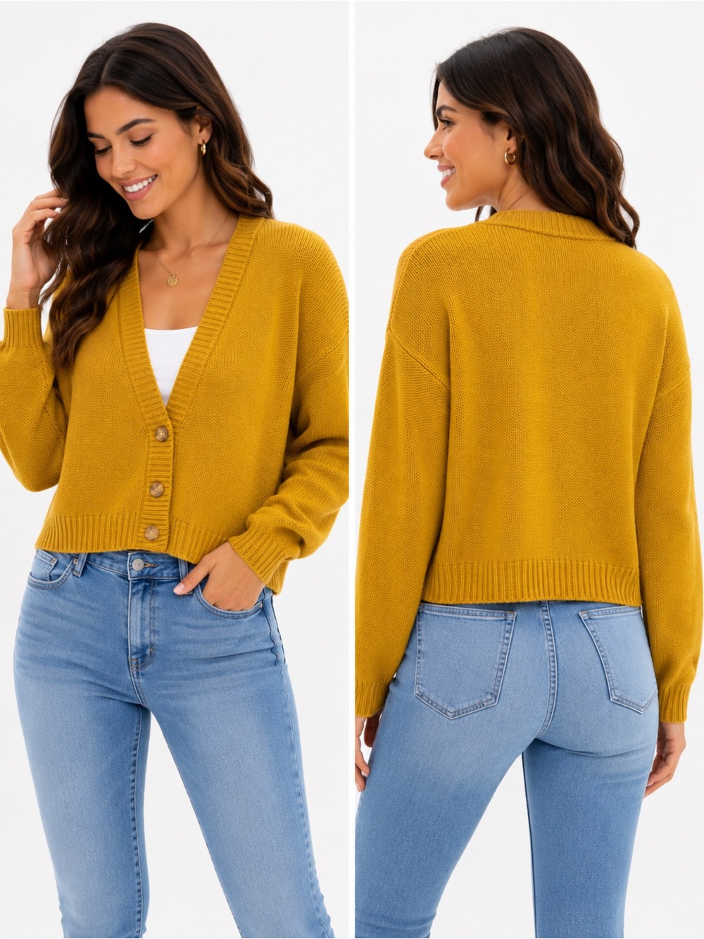 Stitches Mustard V-Neck Button-Front Cropped Cardigan